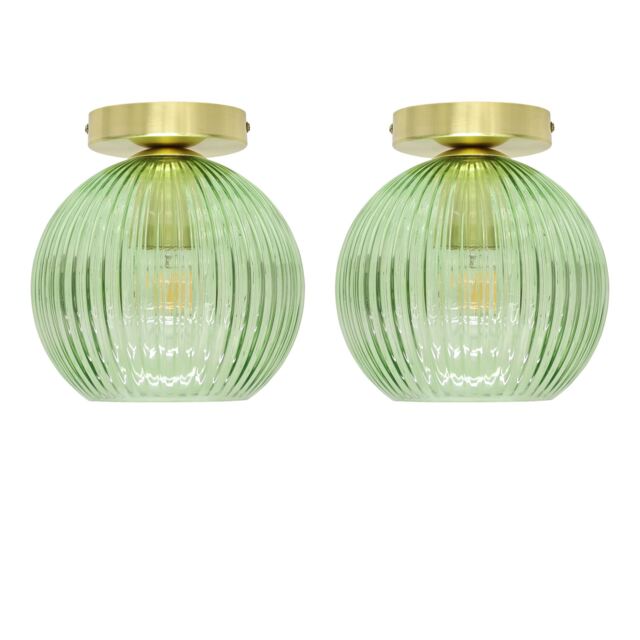 Set of 2 Betchley - Green Ribbed Glass Satin Brass Ceiling Lights