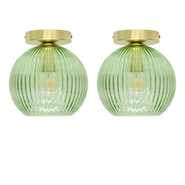 Set of 2 Betchley - Green Ribbed Glass Satin Brass Ceiling Lights