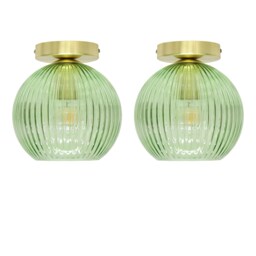 Set of 2 Betchley - Green Ribbed Glass Satin Brass Ceiling Lights