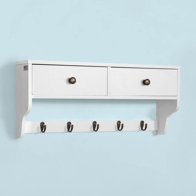 SoBuy Wall Coat Rack with 2 Drawers and 5 Hooks, White, 23.6x5.5x10.6 inches, 4.85 kg - FRG178-W