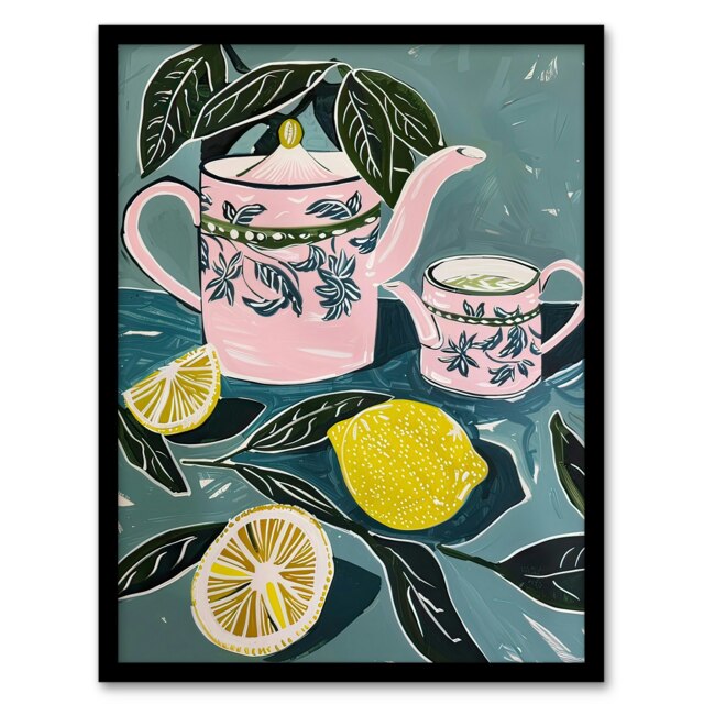Pink Teapot Teacup Lemons Herbal Quirky Black Framed Wall Art Print A4