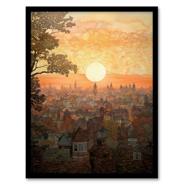 Sunset Over Oxford City Watercolour Orange Black Framed Wall Art Print A4