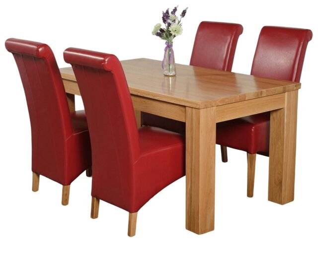 Dakota 152 x 87cm Medium Oak Dining Table and 4 Montana Leather Chairs Red Red