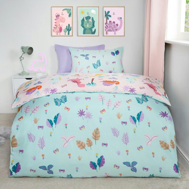 OHS Dinosaur Print Reversible Microfibre Duvet Cover and Pillowcase Set, Single - Blue/Pink