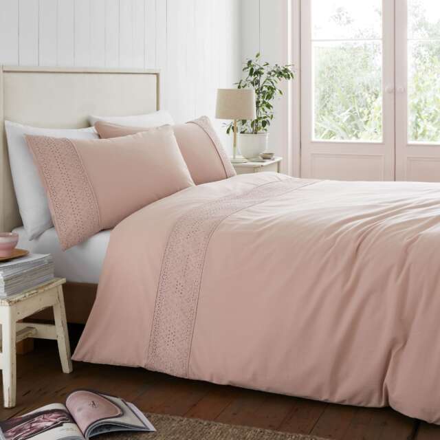 Broderie Anglaise Duvet Cover Set Pink Blush Pink Super King