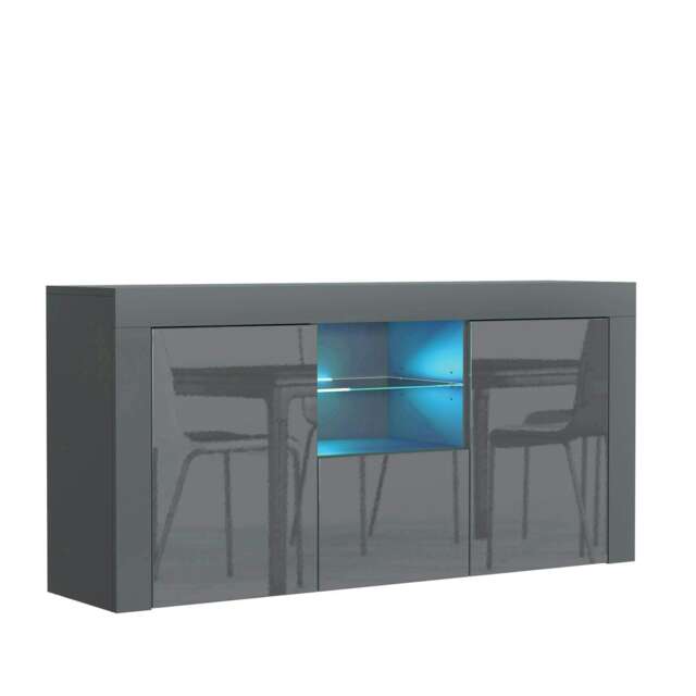 Grey TV Unit 145cm Gloss Doors Free LED Modern Media Cabinet Grey One Size 1