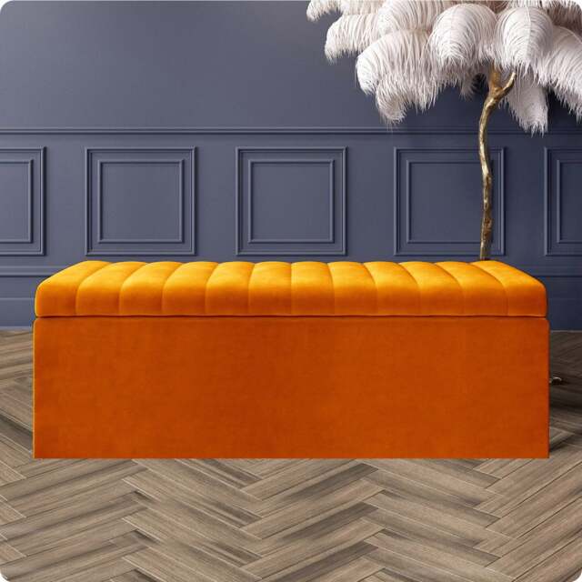 137cm Safar Large Striped Storage Ottoman Box, Burnt Orange Plush Velvet Upholstered Deep Storage Ottoman End of Bed Bench