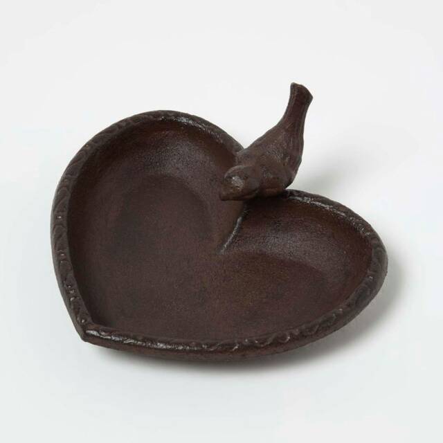 Homescapes Brown Decorative Bird Rustic Heart Bird Bath Cast Iron
