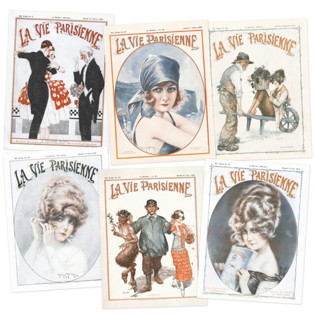Pack of 6 Vintage French Magazine Cover La Vie Parisienne Home Decor Wall Art Print 12x16 Inch