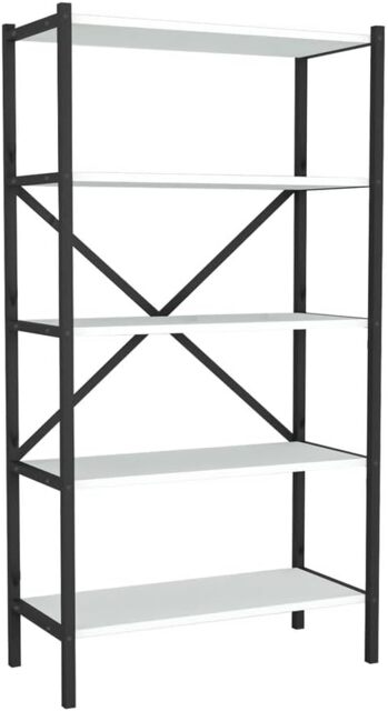 5-Shelf Wood Bookcase Unit With Metal Frame Home Decor Storage and Shelving White White 1