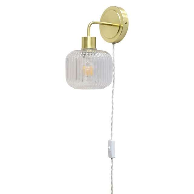 Toby - Satin Brass Plug in Wall Light with Batley Ribbed Glass Shade