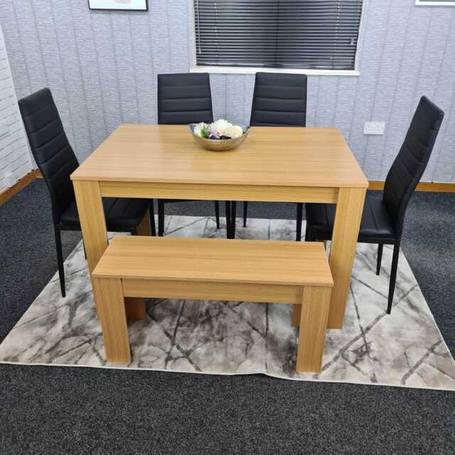 KOSY KOALA 6 Seater Modern Light Wood Effect Dining Table Set with 4 Chairs and Bench Black Metal Legs H75 x L140 x W80 cm
