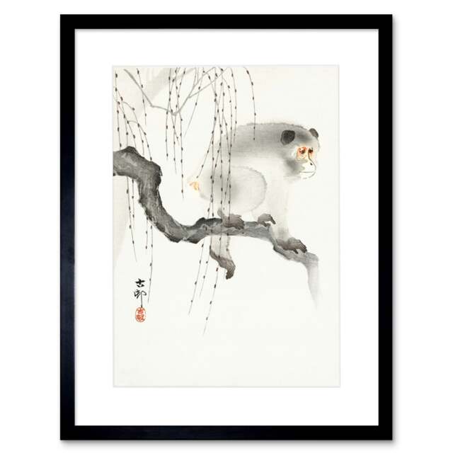 "Monkey Watercolour Ohara Koson Japanese Grey 9x7"" Black Framed Wall Art Print"