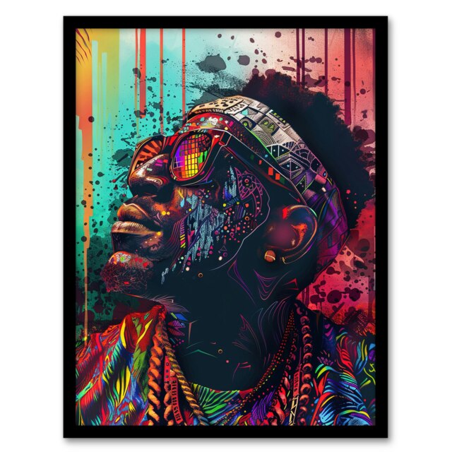 Psychedelic Portrait African Man Dashiki Black Framed Wall Art Print A4