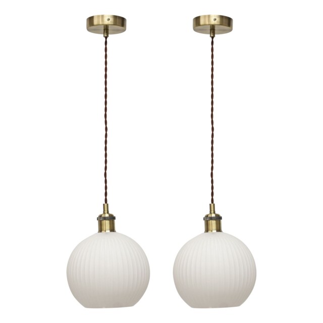 Set of 2 Betchley - White Ribbed Globe Antique Brass Retro Pendants
