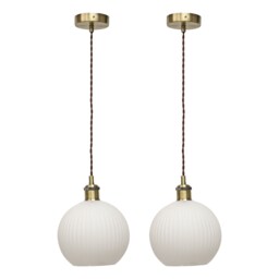 Set of 2 Betchley - White Ribbed Globe Antique Brass Retro Pendants
