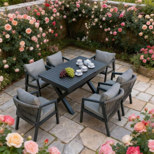 7 Pieces Outdoor Dining Set, 6 Seater Aluminum Patio Furniture Set with Extending Table