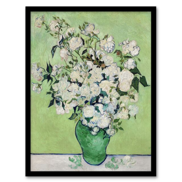"White Roses In Green Vase Van Gogh Vintage Framed Wall Art Print 12X16"""