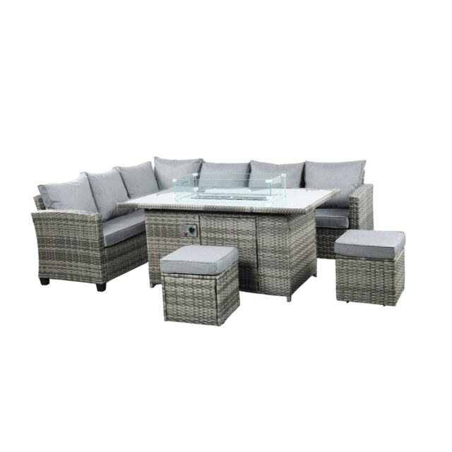 The Conwy 8 Seat Corner Gas Firepit Rattan Dining Set - Dark Grey
