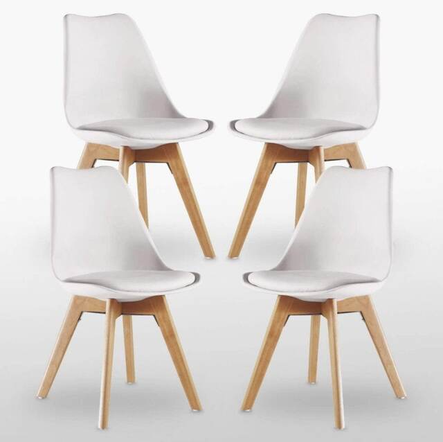 Set of 4 Scandinavian Dining Chairs with Leather Cushions Solid Wood Legs White