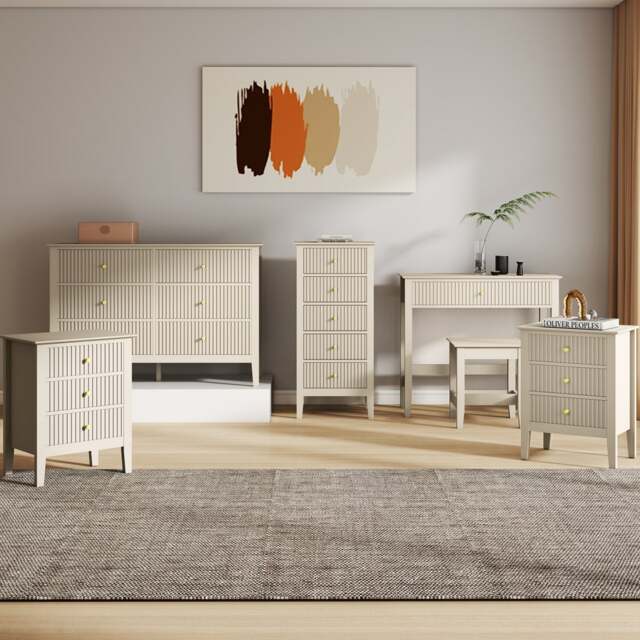6 Drawer Chest Of Drawers, Tall 5 Drawer Bedside Table, Pair Of 3 Drawer Bedside Tables And Dressing Table Set - Hales Taupe Range