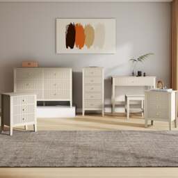 6 Drawer Chest Of Drawers, Tall 5 Drawer Bedside Table, Pair Of 3 Drawer Bedside Tables And Dressing Table Set - Hales Taupe Range