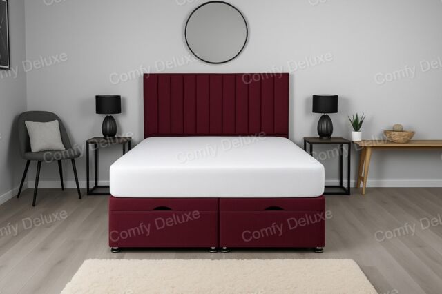 Maroon Lined Plush Velvet End Lift Ottoman Divan Bed Set 4ft6 Double with Headboard & Mattress