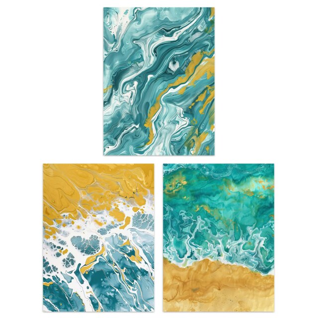 Set of 3 Abstract Marble Sea Sand Shore Seascapes Living Room A4 Size Wall Art Prints Pack