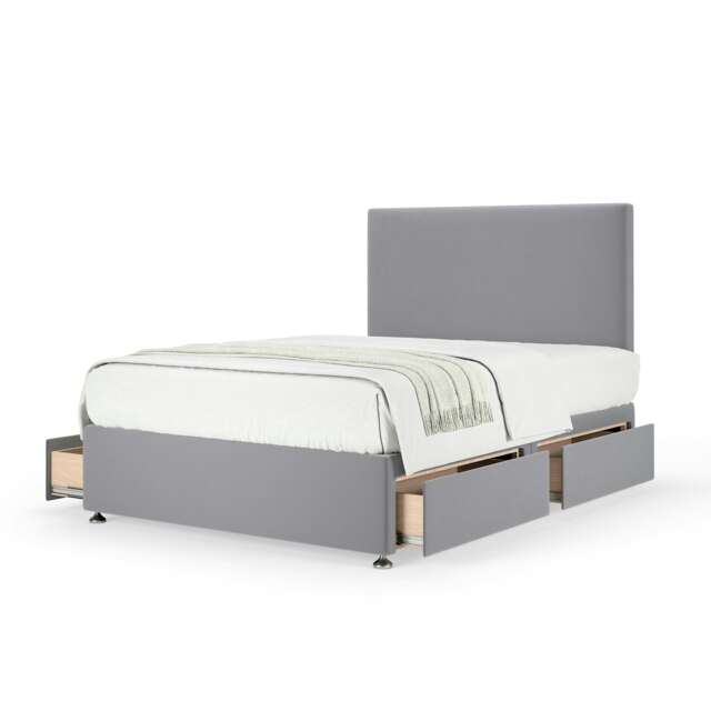 Majestic 1000 Pocket Sprung Silver Plush Velvet 4 Drawer Divan Set And Valencia Headboard King Size