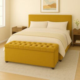 90cm Chesterfield Plush Velvet Mustard Gold Upholstered Storage Ottoman Bench - Deep Tufted Lid & Wooden Leg