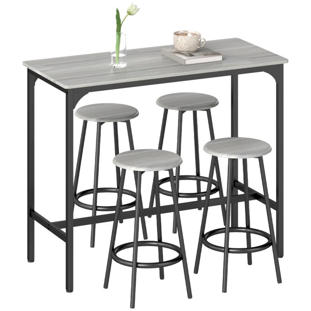 HOMCOM 5 Piece Bar Table and Stools Set with Metal Frame Grey