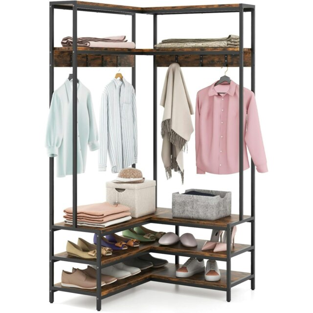 Industrial L-Shaped Hall Tree Coat Rack Stand With Shelves Rustic Brown Multi One Size