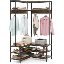 Industrial L-Shaped Hall Tree Coat Rack Stand With Shelves Rustic Brown Multi One Size