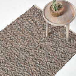Homescapes Real Leather Handwoven Diamond Pattern Rug - 150 x 240 cm Brown