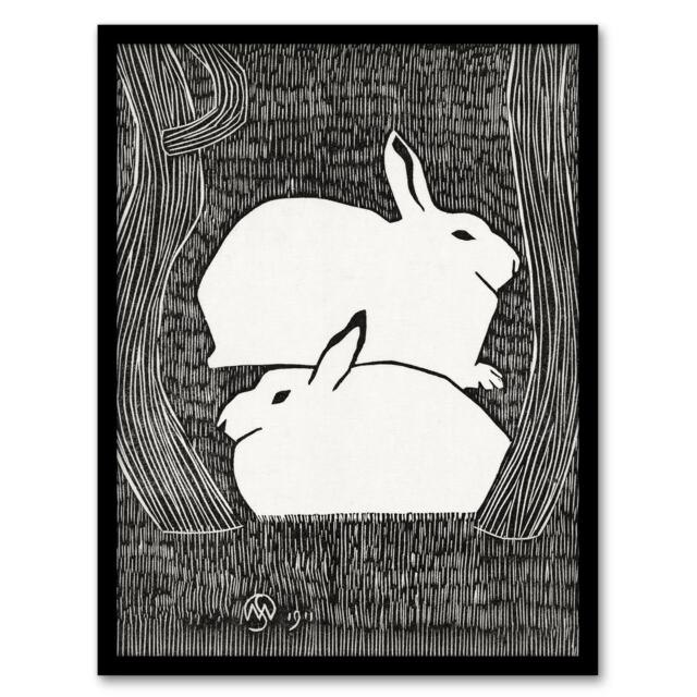 Samuel J De Mesquita Framed Wall Art Print Two Stylised Snow Hares Home Décor