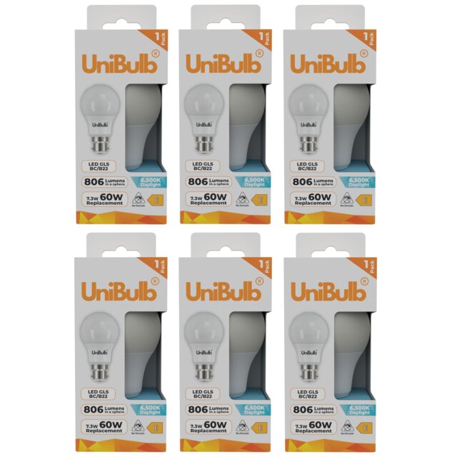 UniBulb LED GLS B22 Bayonet Cap (BC) 806lm 7.3W (Replaces 60W) 6500K (Daylight) Light Bulb - Pack of 6 White Daylight 6