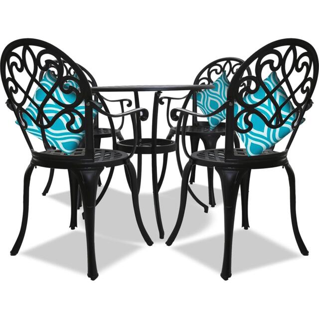 Centurion Supports PREGO Luxurious Garden and Patio Table and 4 Large Chairs with Armrests Cast Aluminium Bistro Set - Black