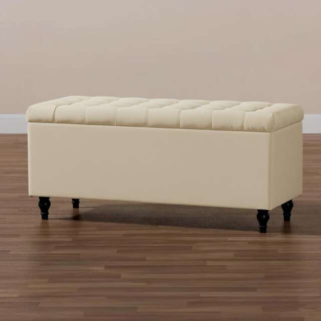 137cm Cubed Ottoman Storage Box,Cream Velvet Upholstered Chesterfield Storage Ottoman Box with Wooden Legs