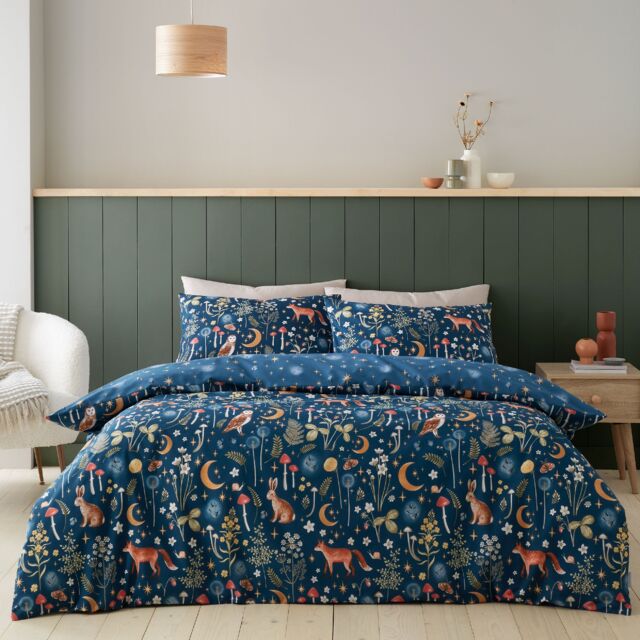 Catherine Lansfield Enchanted Twilight Animals Reversible Duvet Cover Set Blue Navy Blue