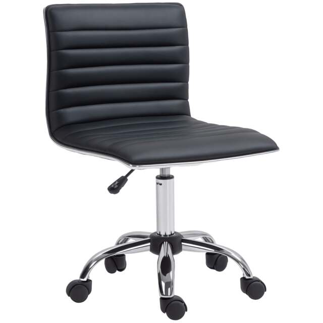 HOMCOM Armless Task Desk Chair, Swivel Office Chair with Faux Leather, Adjustable Seat Height, Chrome Base, Wheels for Home, Black