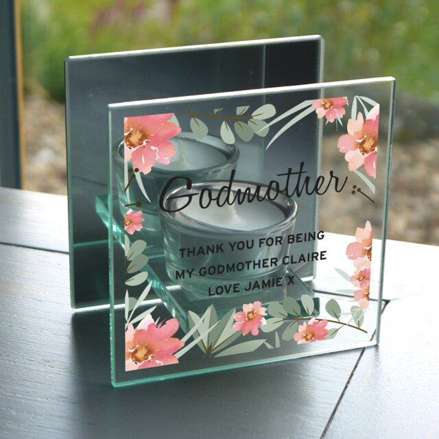 Personalised Floral Sentimental Mirrored Glass Tea Light Candle Holder Clear