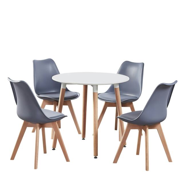 5PCs Dining Set - a White Round Dining Table & Set of 4 White Lorenzo Tulip chairs with Padded Seat Grey