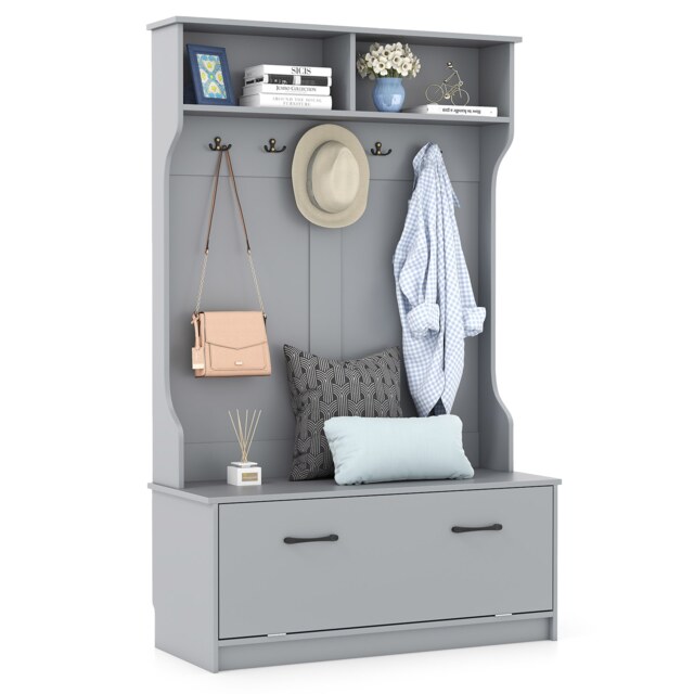COSTWAY 3 in 1 Freestanding Hall Coat Rack Stand Shoe Bench Grey
