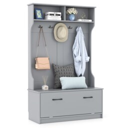 COSTWAY 3 in 1 Freestanding Hall Coat Rack Stand Shoe Bench Grey