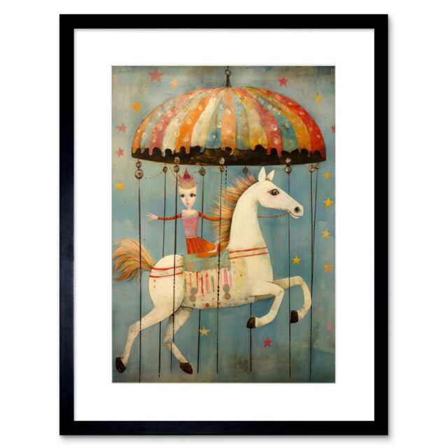 "Folk Art Whimsical Carousel Fairground 9x7"" Black Framed Wall Art Print"