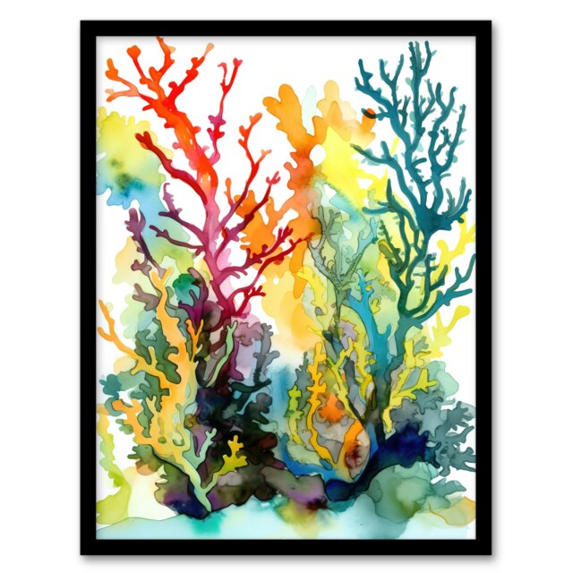 Seaweed Corals Watercolour Vibrant Orange Black Framed Wall Art Print A4