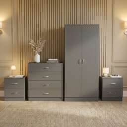 Vida Designs Riano 4 Piece Bedroom Set (2x 2 Drawer Bedside Chest, 4 Drawer Chest, 2 Door Wardrobe) - Grey