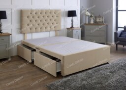 Base Only 4ft6 Double Beige Plush Divan Bed With Headboard Storage 2 Drawers Same Side