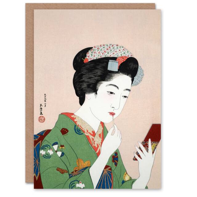 Goyo Hashiguchi Japanese Art Card Woman Applying Rouge Lipstick