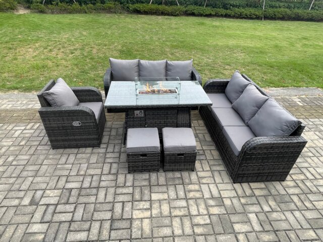 Fimous 9 Seater Wicker Rattan Garden Furniture Set Gas Fire Pit Dining Table Reclining Chair 3 Seater Sofa Set Indoor Outdoor with 2 Small Footstools